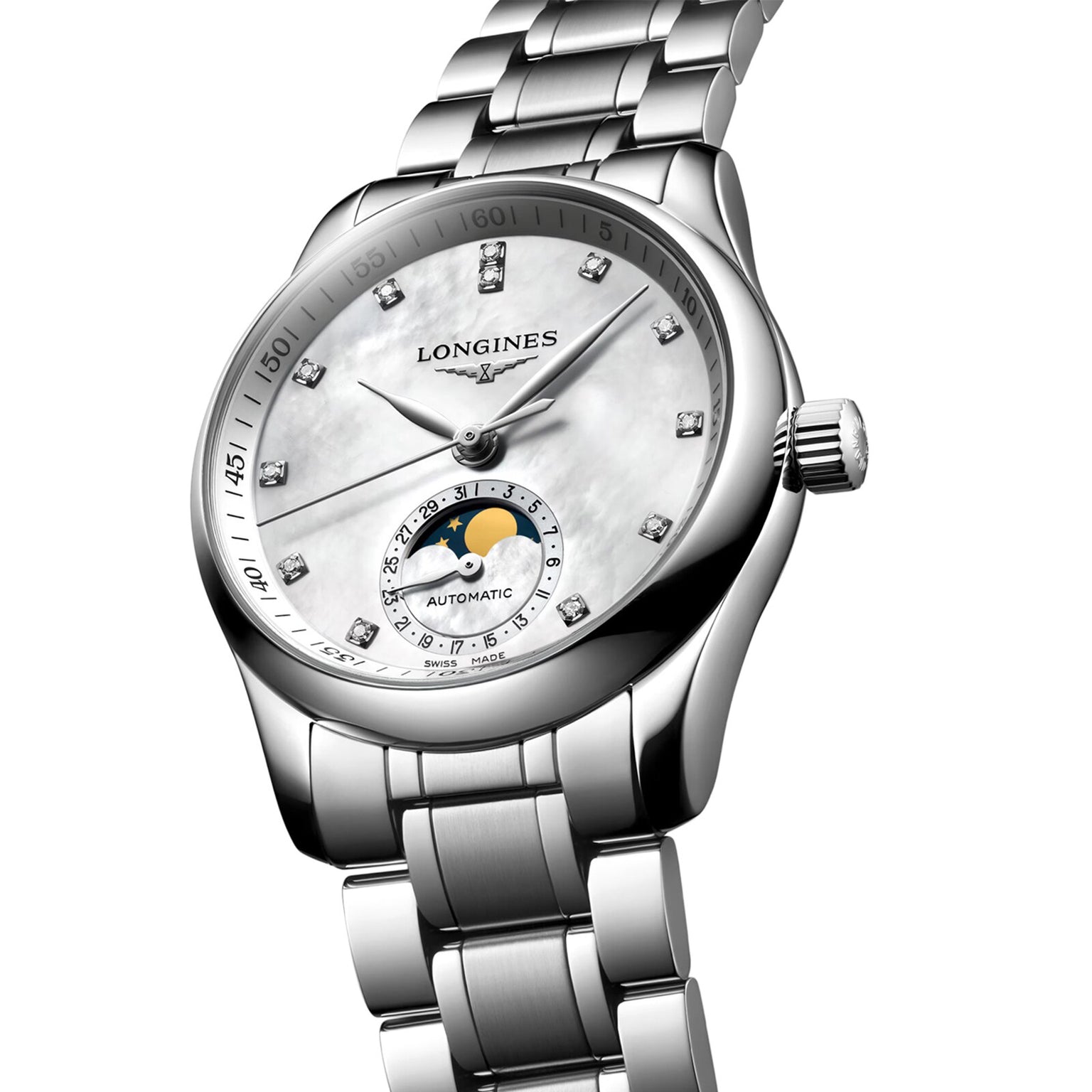 The Longines Master Collection Moonphase features a silver case, mother-of-pearl dial with diamond indexes, moon phase subdial, automatic movement, and a stainless steel bracelet.