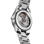 The back of a Longines Master Collection Moonphase watch showcases its automatic movement through a transparent case back.