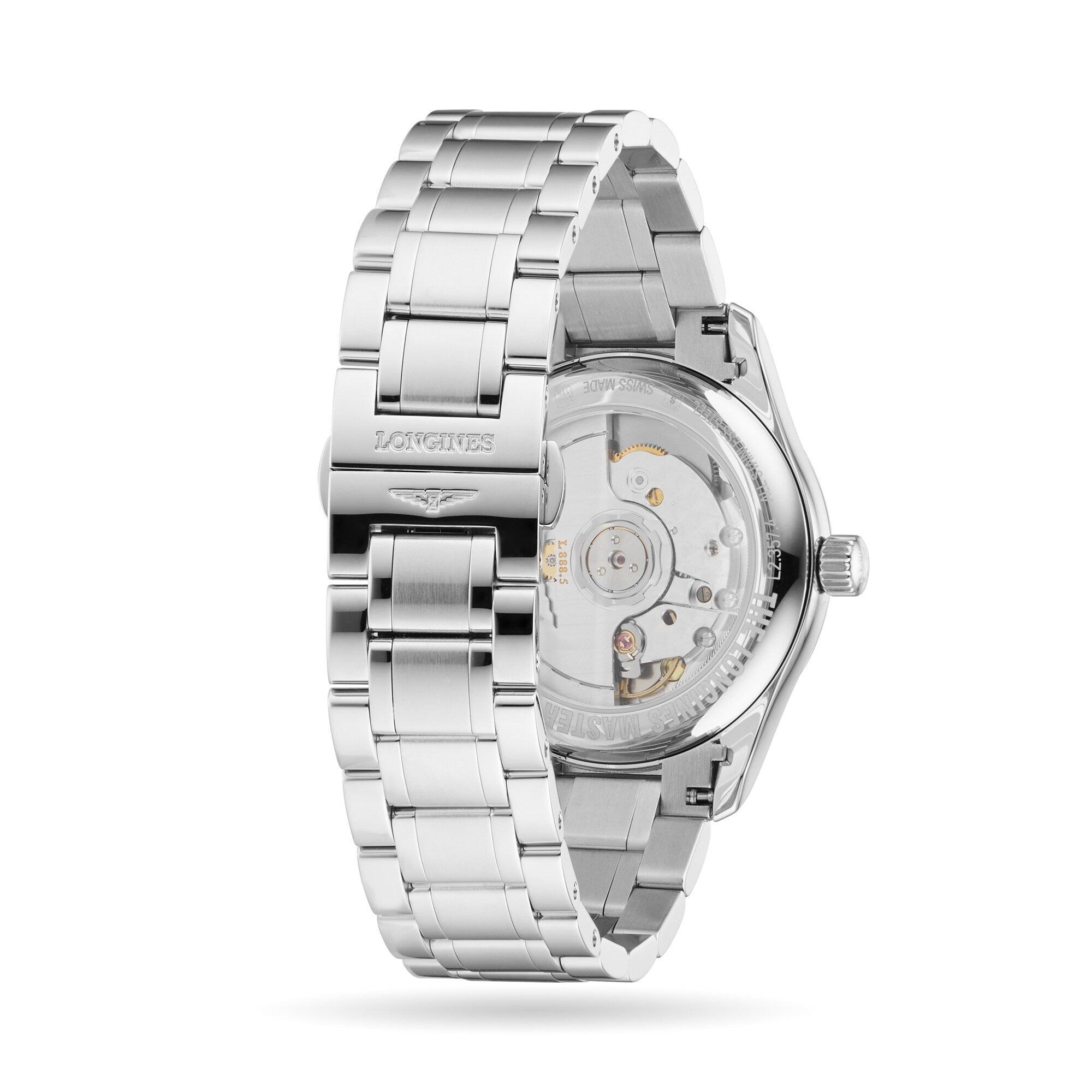 The Longines Master Collection wristwatch features a transparent case back, revealing its refined automatic movement and elegant craftsmanship.