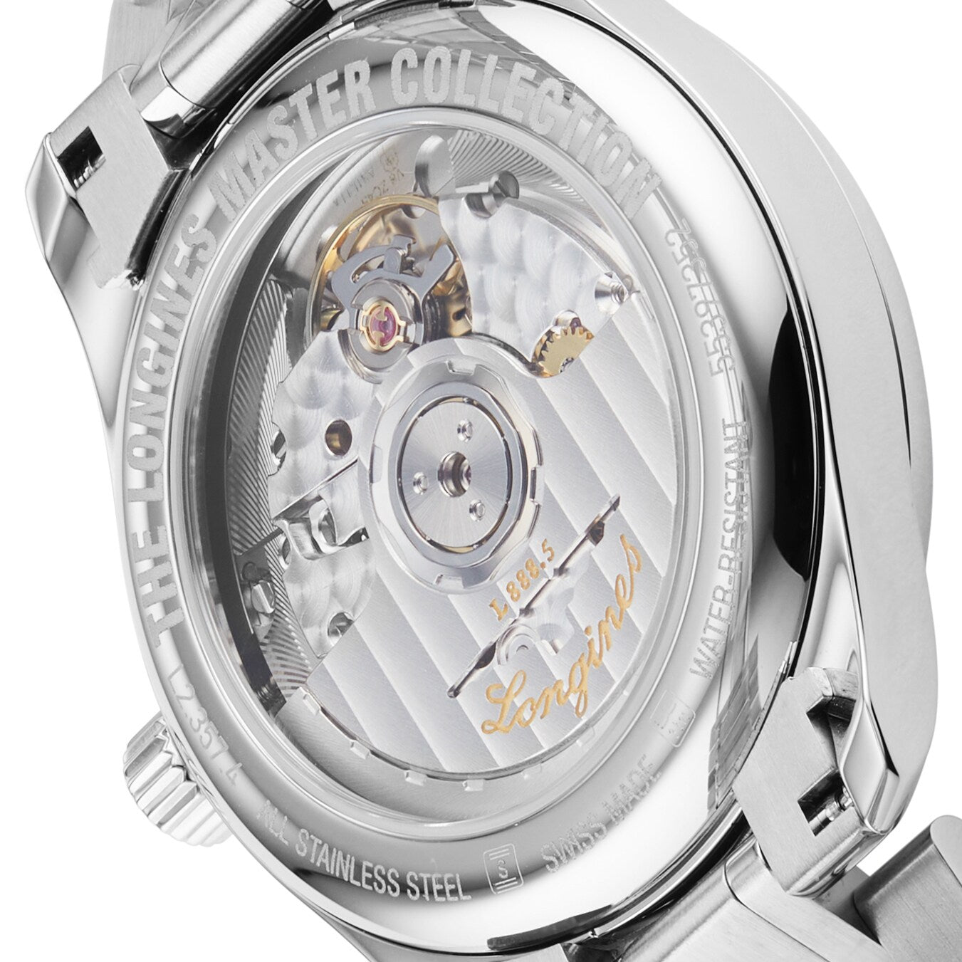Close-up of the back of the Longines Master Collection watch, featuring an exposed automatic movement, engraved accents, and a stainless steel case.