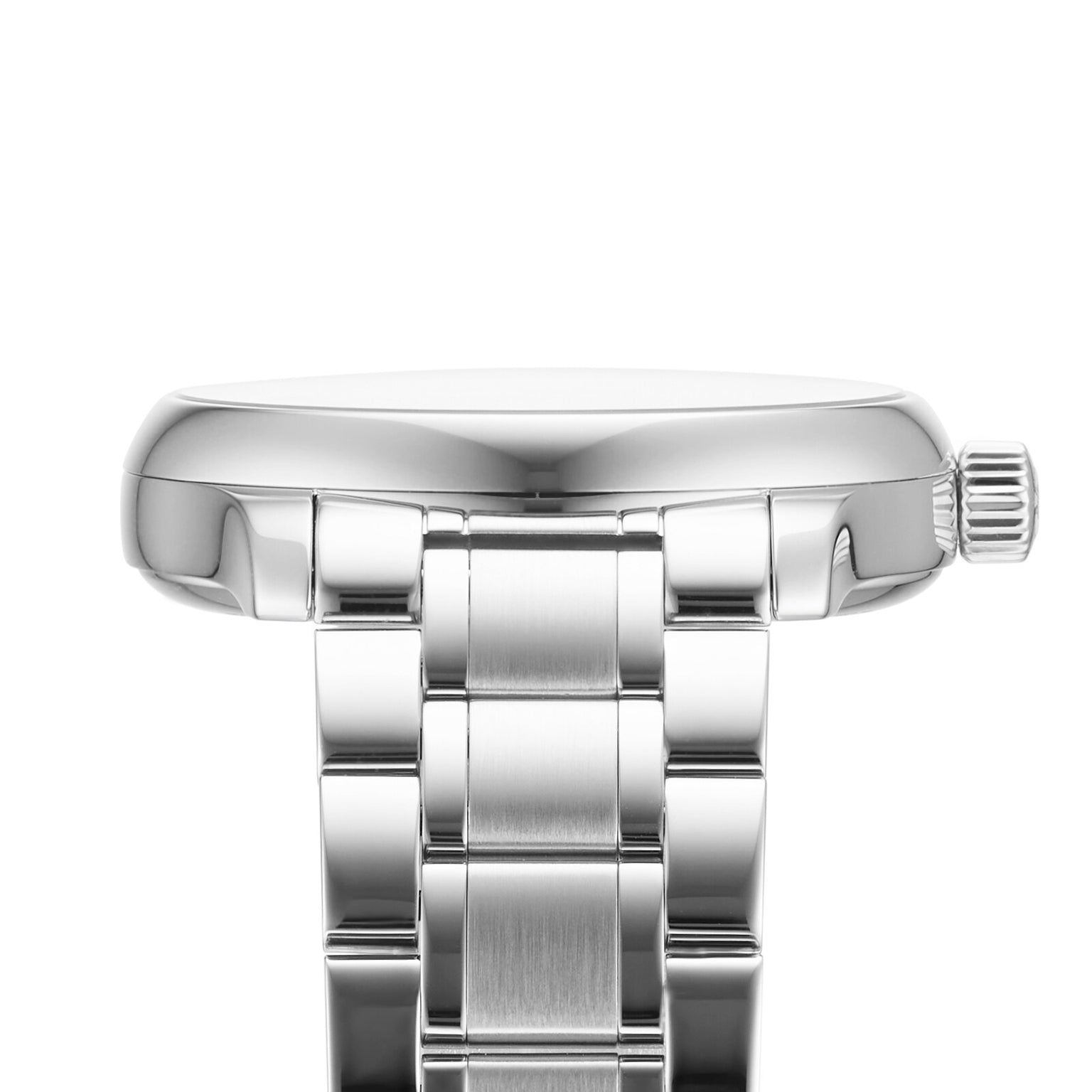 Side view of the Longines Master Collection watch, featuring a silver metal link band, round case, crown detail, polished finish, and elegant diamond indexes.