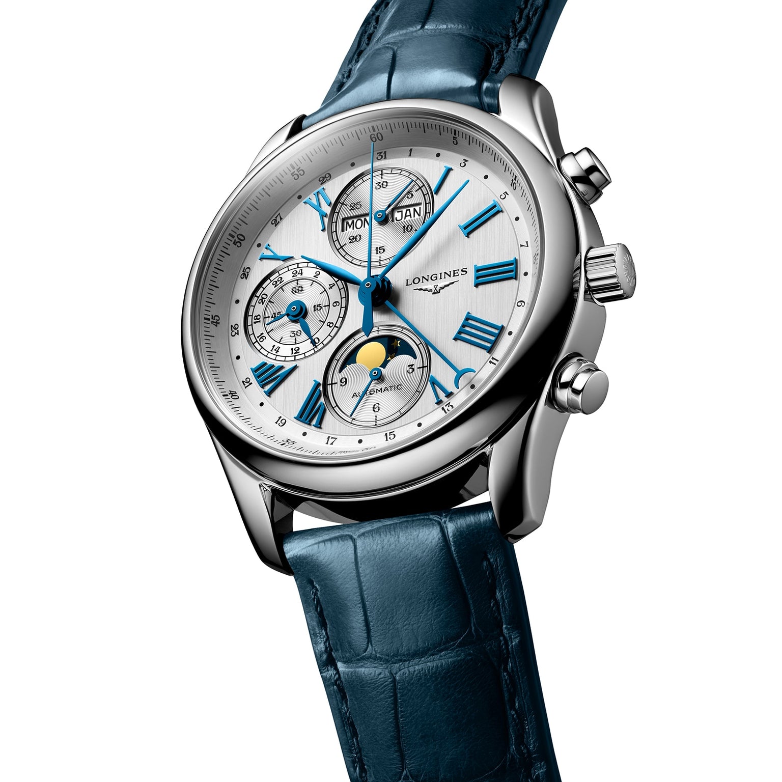 The Longines Master Collection Chrono Moonphase is a silver analog watch with a blue leather strap, white face, three chronographs, Roman numerals, and displays for date, day, and moon phase.