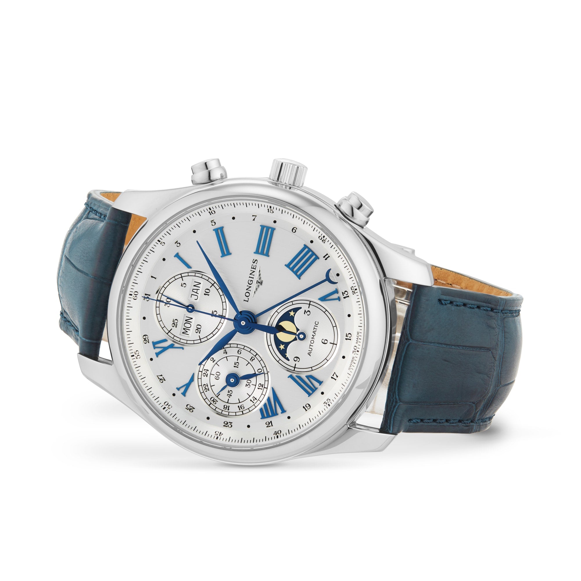 The Longines Master Collection Chrono Moonphase features a silver case, blue leather strap, white dial with blue Roman numerals, three subdials, moon phase indicator, and is powered by the precise L687 calibre movement.
