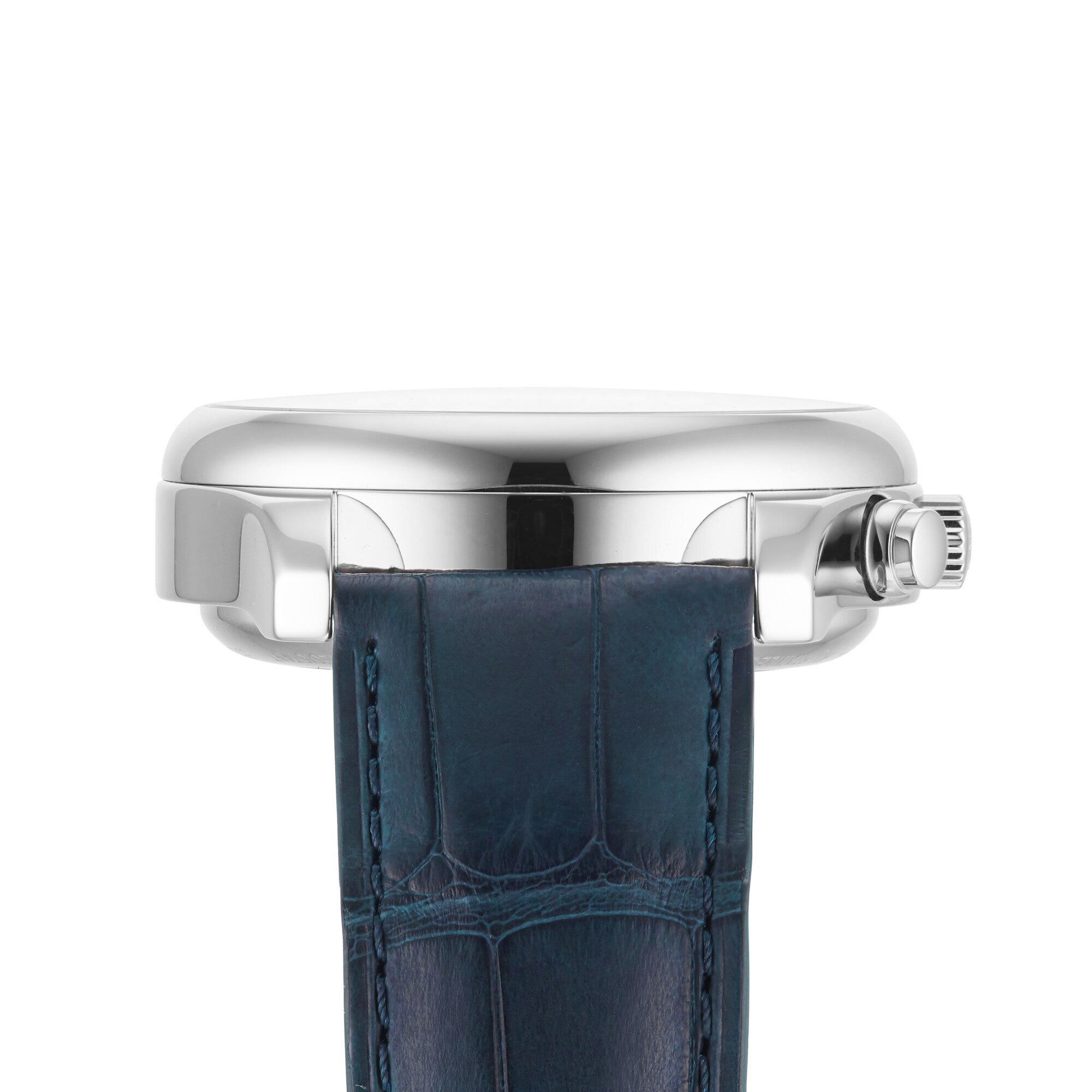 Side view of the Longines Master Collection Chrono Moonphase: a silver case with winding crown, blue leather strap, and powered by an L687 calibre movement.