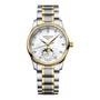 The Longines Master Collection Moonphase is a two-tone silver and gold wristwatch featuring a white dial, diamond hour markers, date numerals around the edge, and a moonphase display above 6 o’clock.