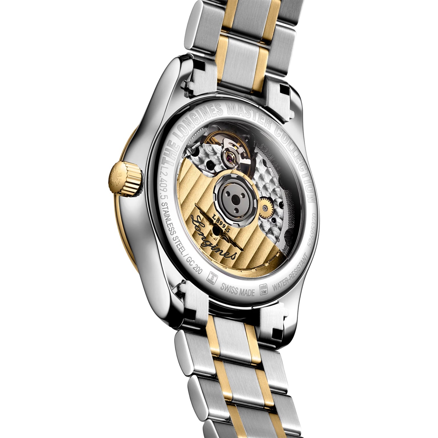 Back view of a Longines Master Collection Moonphase watch, displaying its automatic movement through a transparent case back with visible gears, engraved details, and elegant diamond hour markers.