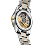 Back view of a Longines Master Collection Moonphase watch, displaying its automatic movement through a transparent case back with visible gears, engraved details, and elegant diamond hour markers.