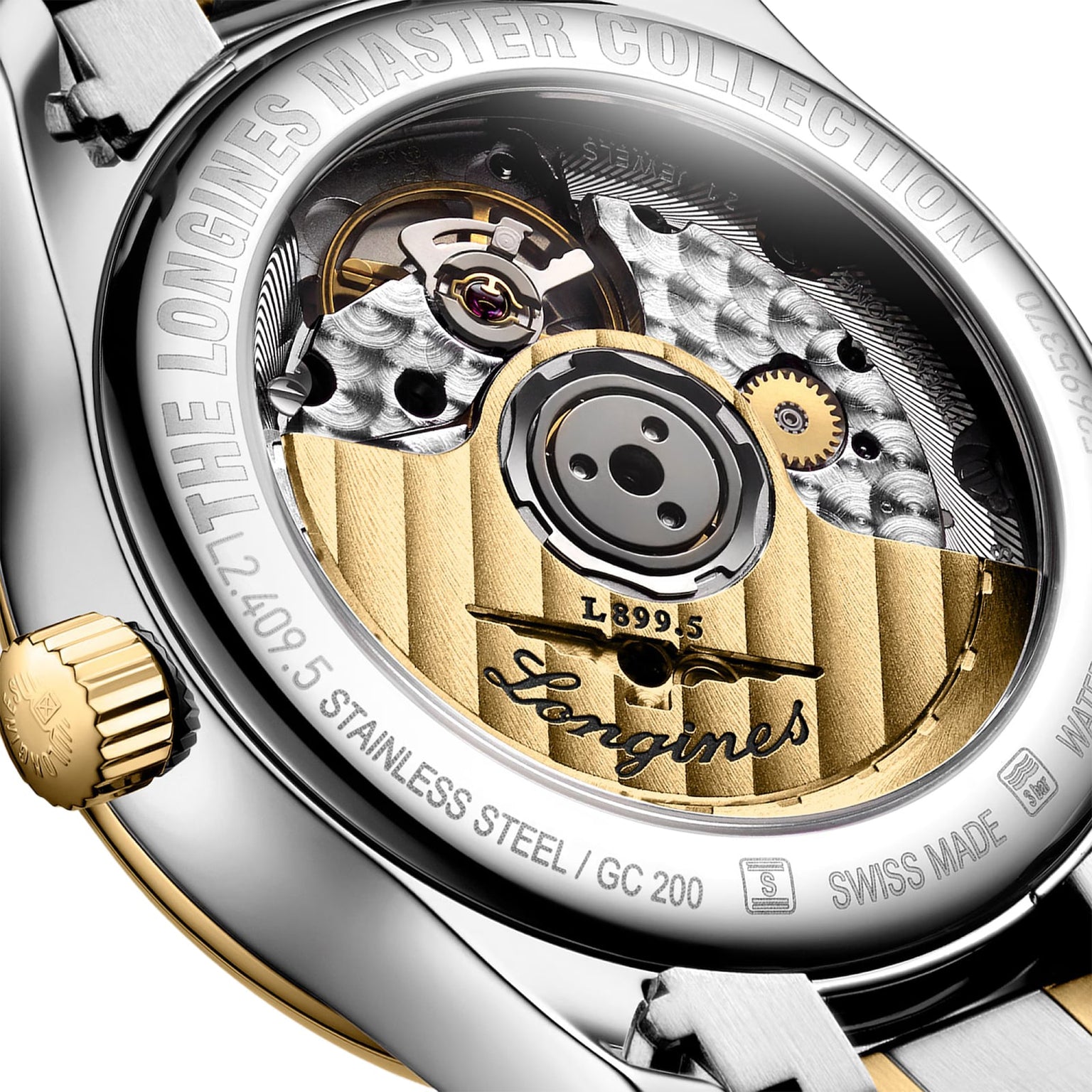 Close-up of the Longines Master Collection Moonphase, displaying its exposed mechanical movement with gold and silver accents, engraved branding, stainless steel case details, and the signature elegance of diamond hour markers.