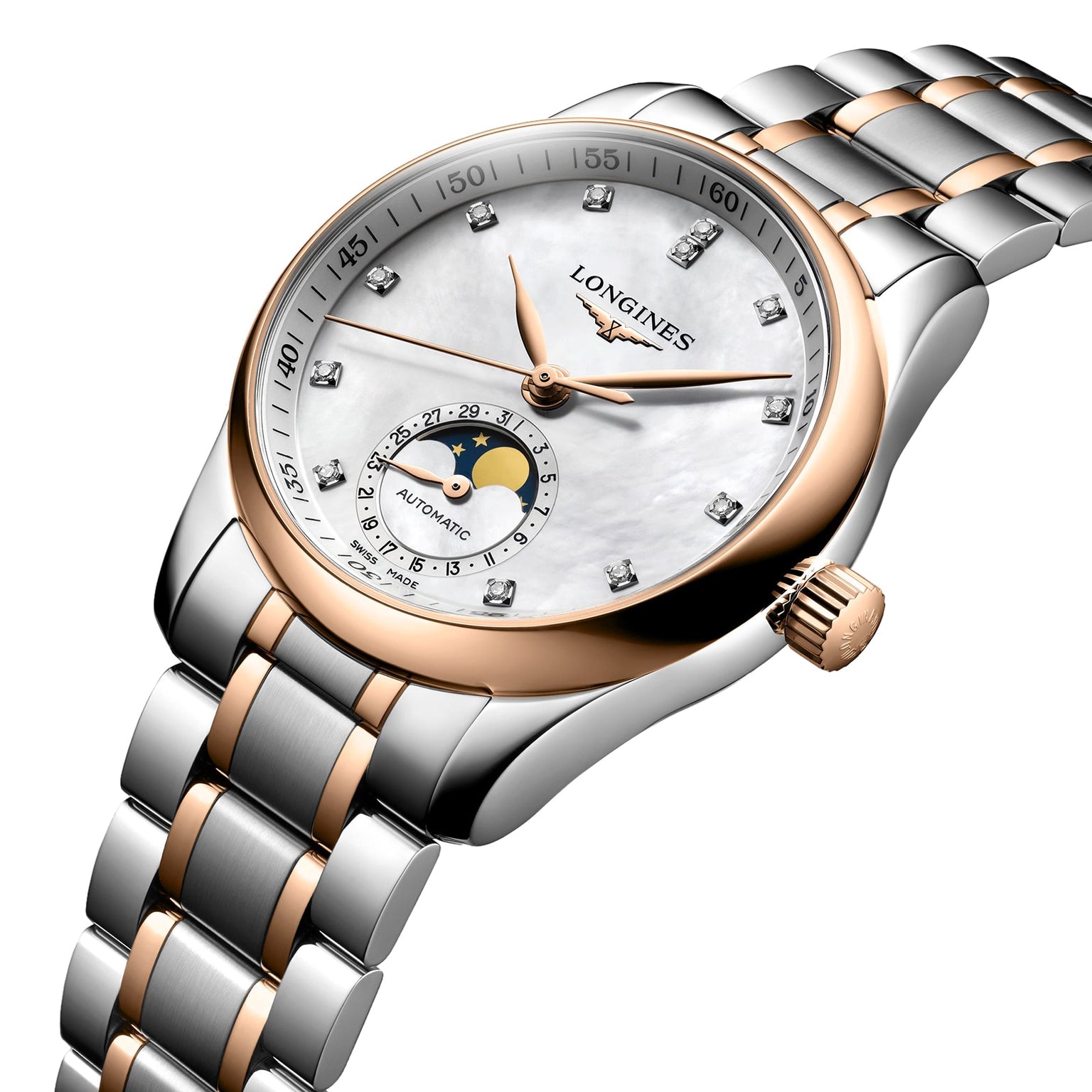 The Longines Master Collection Moonphase is a two-tone silver and rose gold wristwatch featuring a rose gold case, mother-of-pearl dial, diamond indexes, and a moon phase subdial.