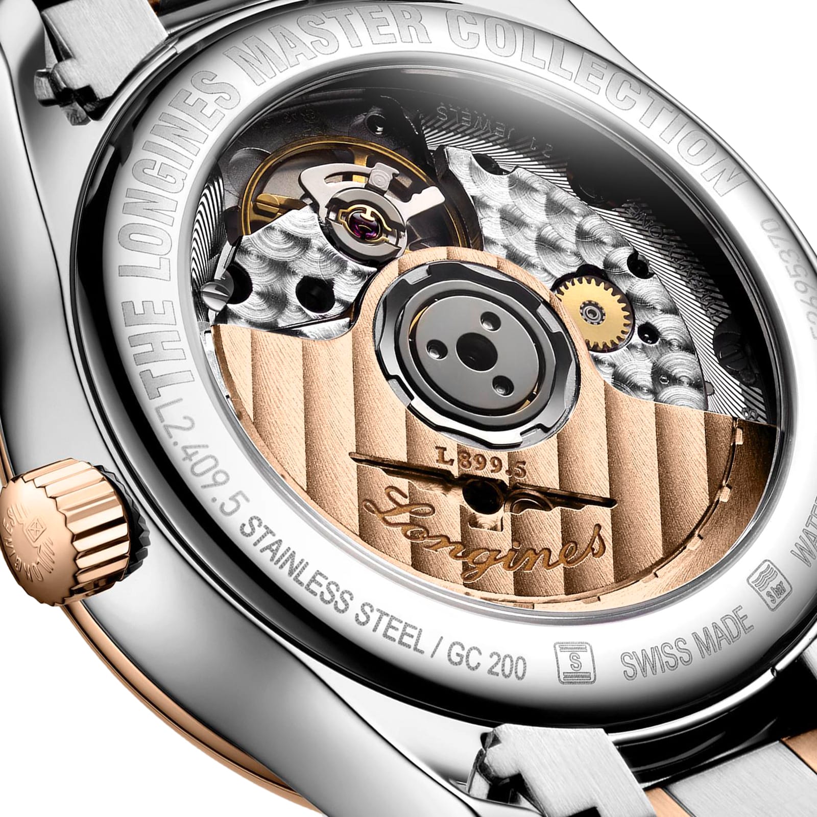 Close-up of the Longines Master Collection Moonphase watch’s back, displaying its exposed mechanical movement and engraved details on the rose gold case.