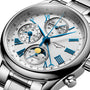 Close-up of the Longines Master Collection Chrono Moonphase, a silver wristwatch with blue hands, Roman numerals, subdials for day, date, 24-hour time, automatic movement, and a sophisticated moonphase display.