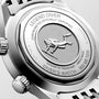 Close-up of the Longines Legend Diver case back, featuring a diver engraving and text for 300m water resistance, chronometer certification, Swiss made status, and automatic movement.