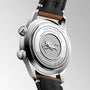 Close-up of the back of the Longines Legend Diver watch, featuring engraved text, a diver illustration, and a stitched leather strap.