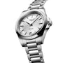 The Longines Conquest automatic wristwatch features a stainless steel case, silver dial, date at 6 o’clock, and a metal bracelet.
