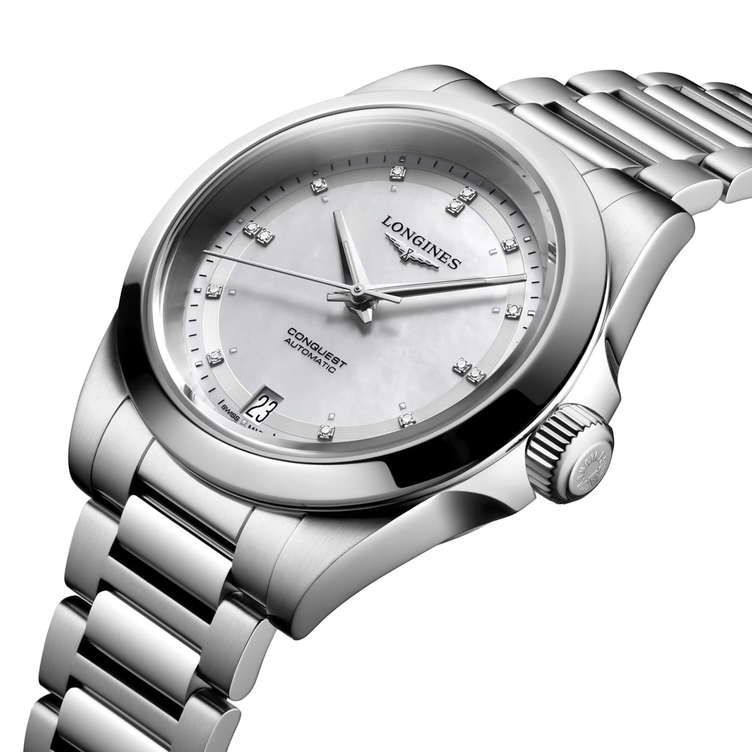 The Longines Conquest is a stainless steel automatic watch featuring a white mother-of-pearl dial, diamond hour markers, L888 calibre movement, and date display at 6 oclock.
