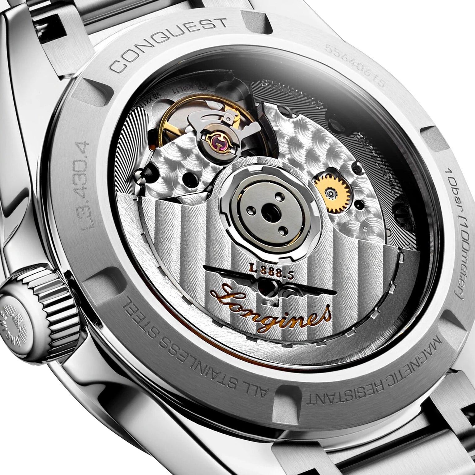 Close-up of the Longines Conquest watch’s transparent stainless steel case back, revealing the detailed L888 calibre mechanical movement and engraved accents.