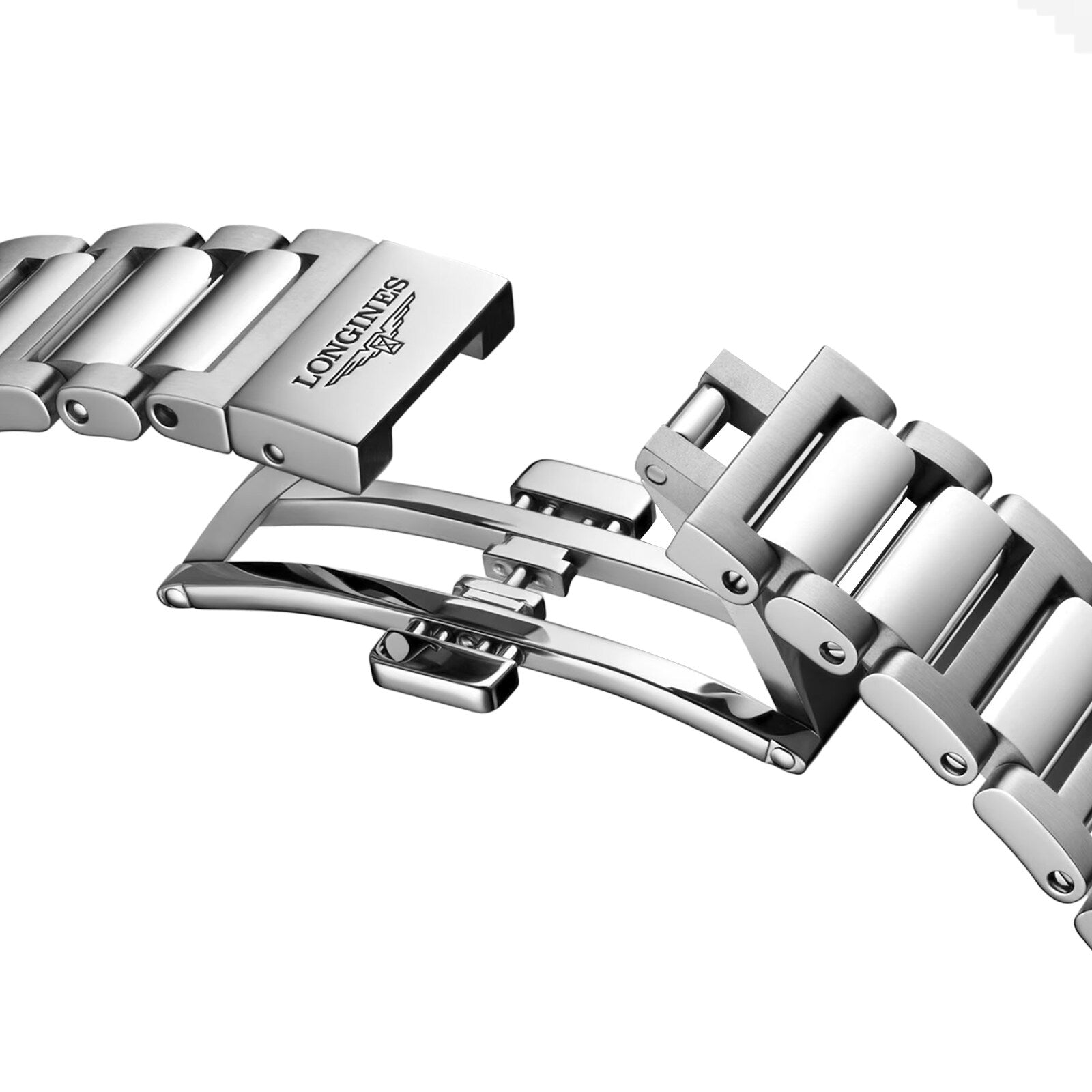 Close-up of a silver Longines Conquest watch bracelet with an open deployment clasp, displayed on a white background.
