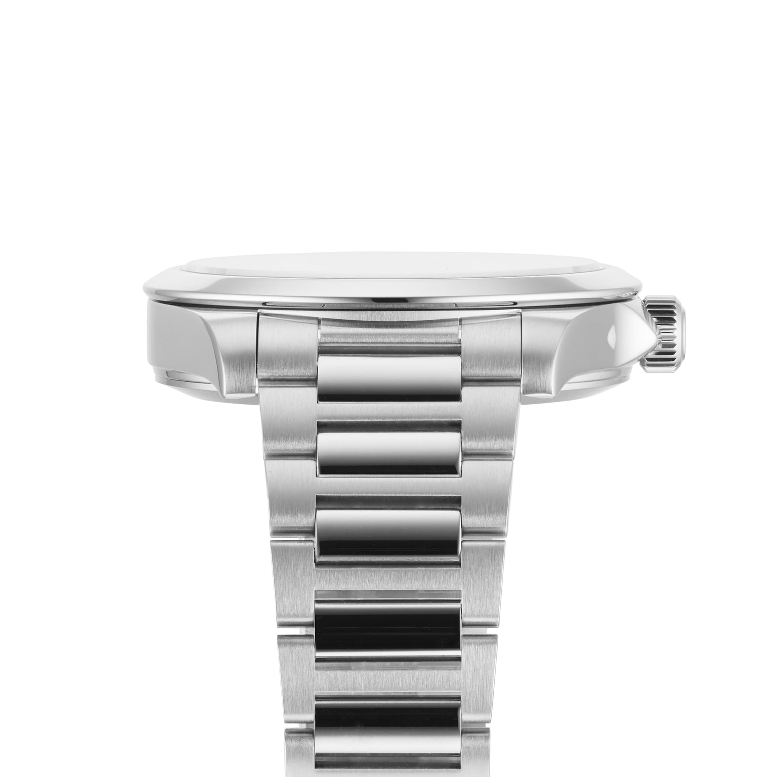 Side view of the Longines Conquest wristwatch with a stainless steel case, metal band, and crown, set against a white background.