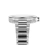 Side view of the Longines Conquest wristwatch with a stainless steel case, metal band, and crown, set against a white background.