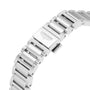 Close-up of a Longines Conquest watch bracelet and stainless steel clasp, with the Longines logo engraved on the clasp.