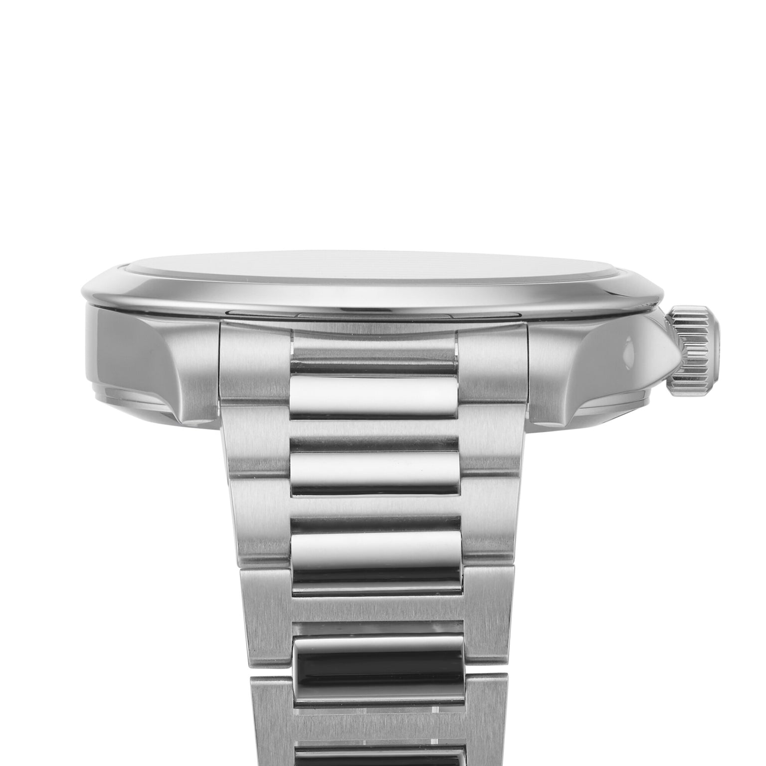 Side view of the Longines Conquest wristwatch, featuring a silver stainless steel round case and metal link band.