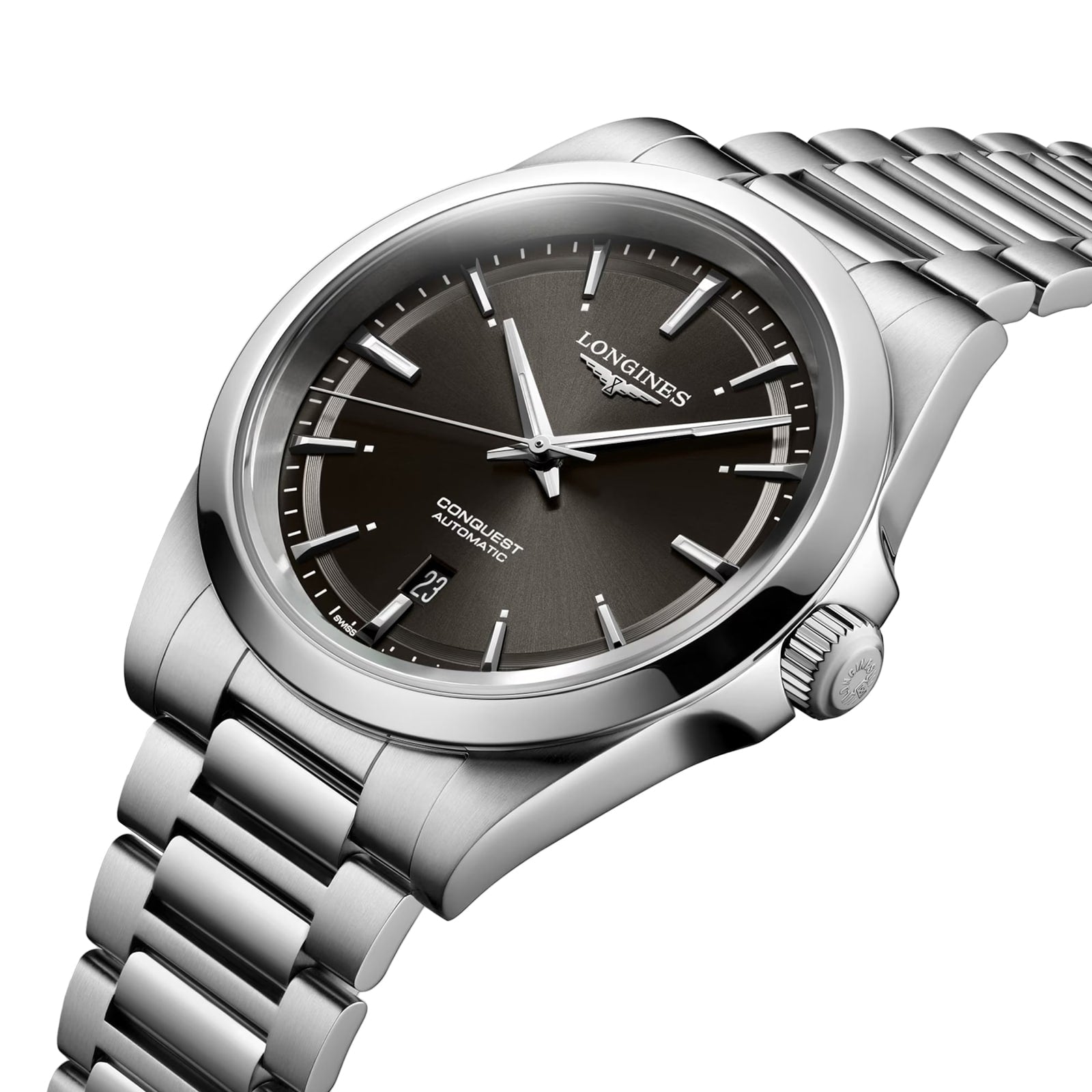 The Longines Conquest wristwatch features a stainless steel case, automatic movement, black dial with silver markers, date at 6 o’clock, and a metal link bracelet.