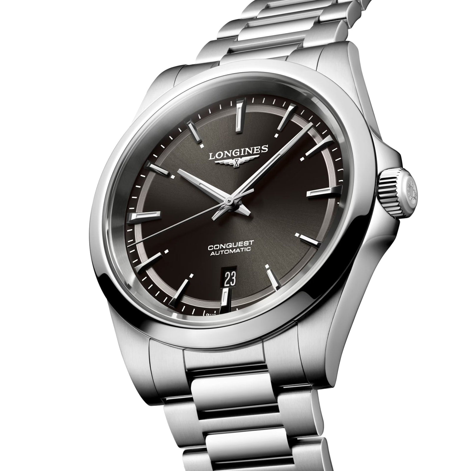 The Longines Conquest features a stainless steel case, black dial with silver hour markers, automatic movement, date at 6 oclock, and a metal bracelet.