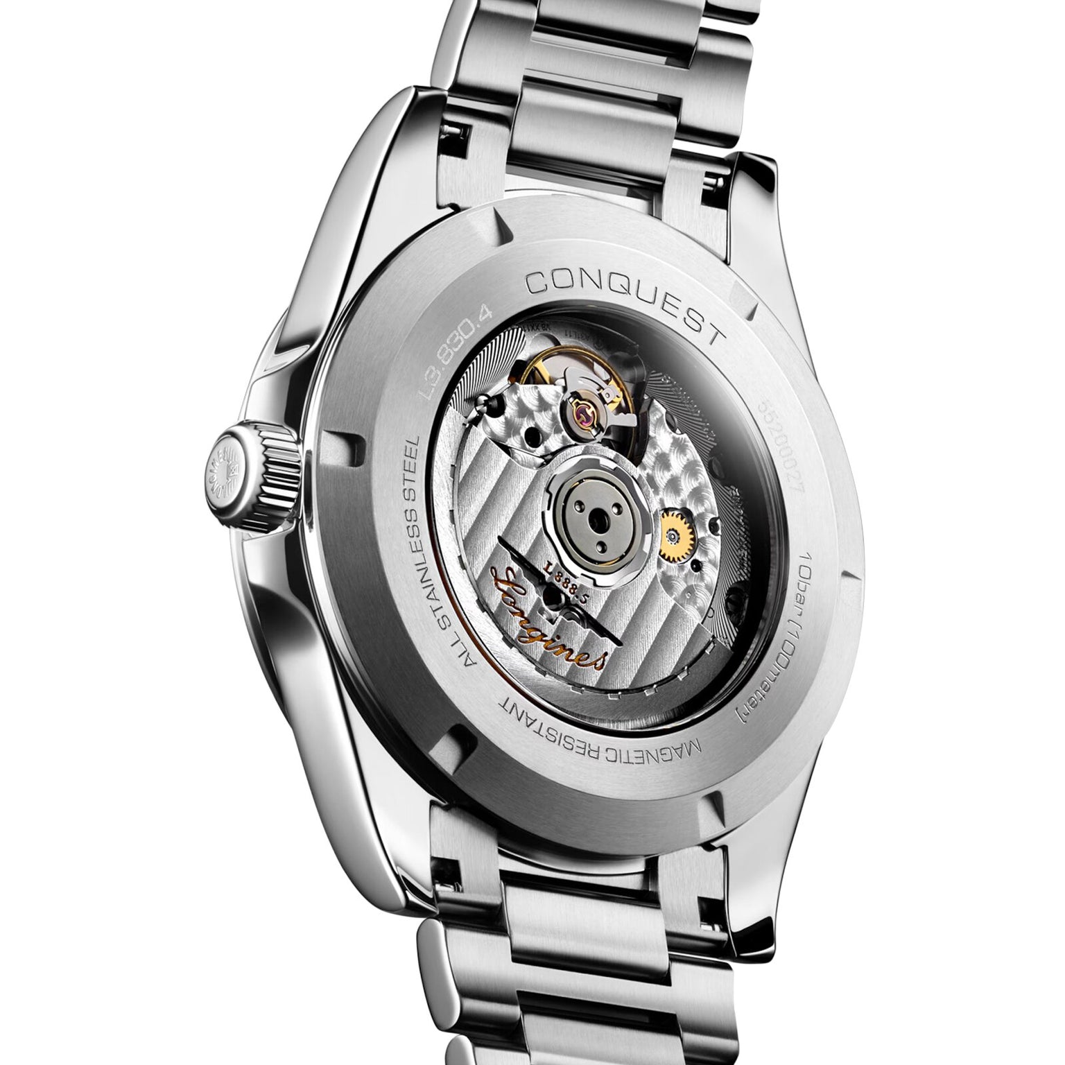 Close-up of the back of a Longines Conquest wristwatch, showcasing its automatic movement through a transparent stainless steel case back.