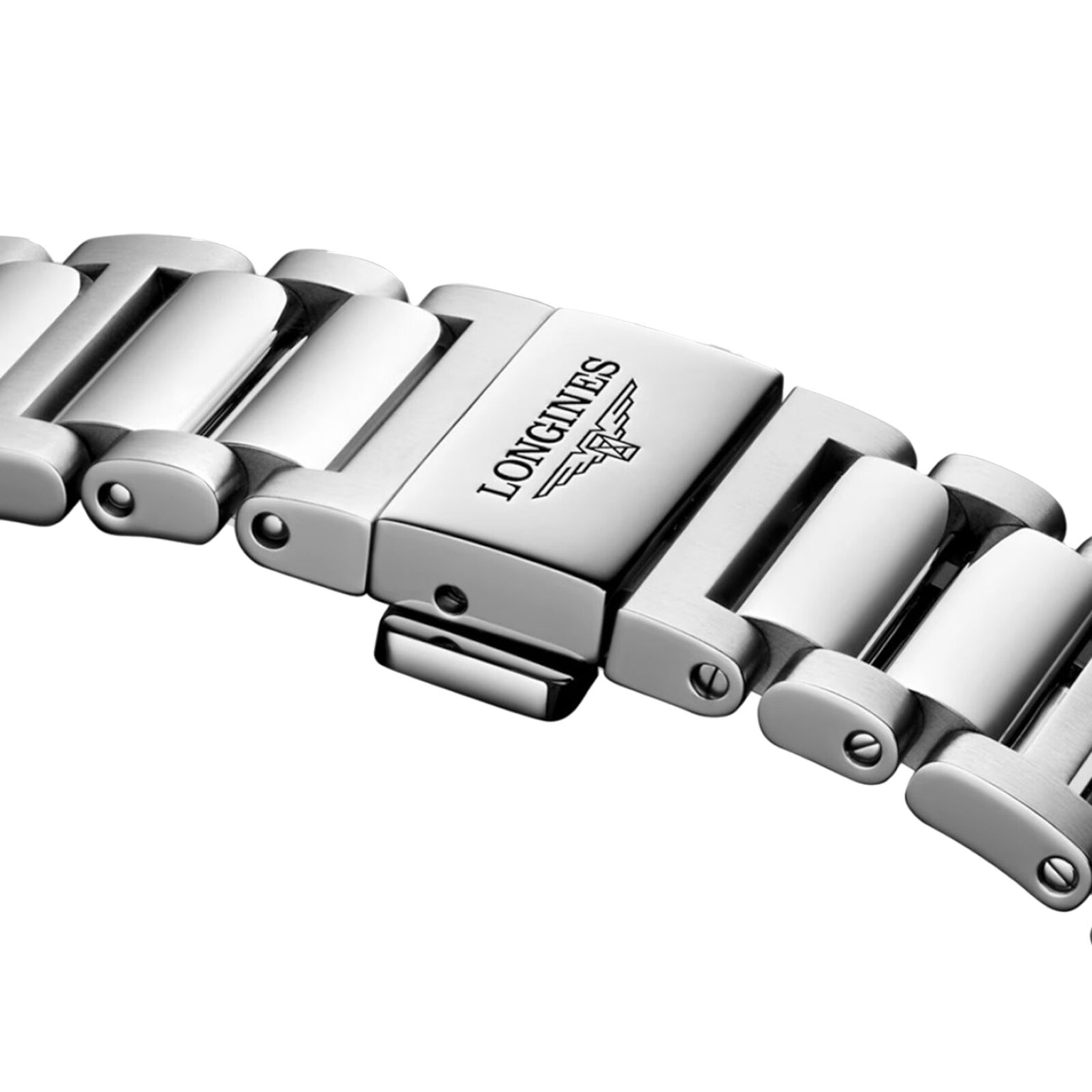Close-up of a stainless steel Longines Conquest watch bracelet with clasp, displaying the Longines logo and winged hourglass emblem, paired with a robust stainless steel case.