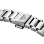 Close-up of a stainless steel Longines Conquest watch bracelet with clasp, displaying the Longines logo and winged hourglass emblem, paired with a robust stainless steel case.
