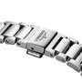 Close-up of a stainless steel clasp with the Longines logo and winged hourglass, from the Conquest collection, known for its signature sunray blue dial.