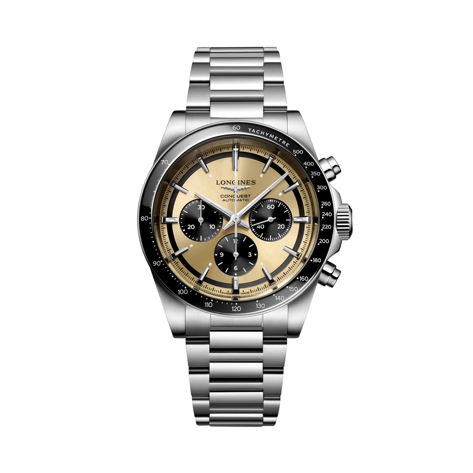The Longines Conquest Chronograph features a stainless steel case, gold and black dial with three subdials, and a tachymeter bezel, elegantly displayed against a white background for a refined look.