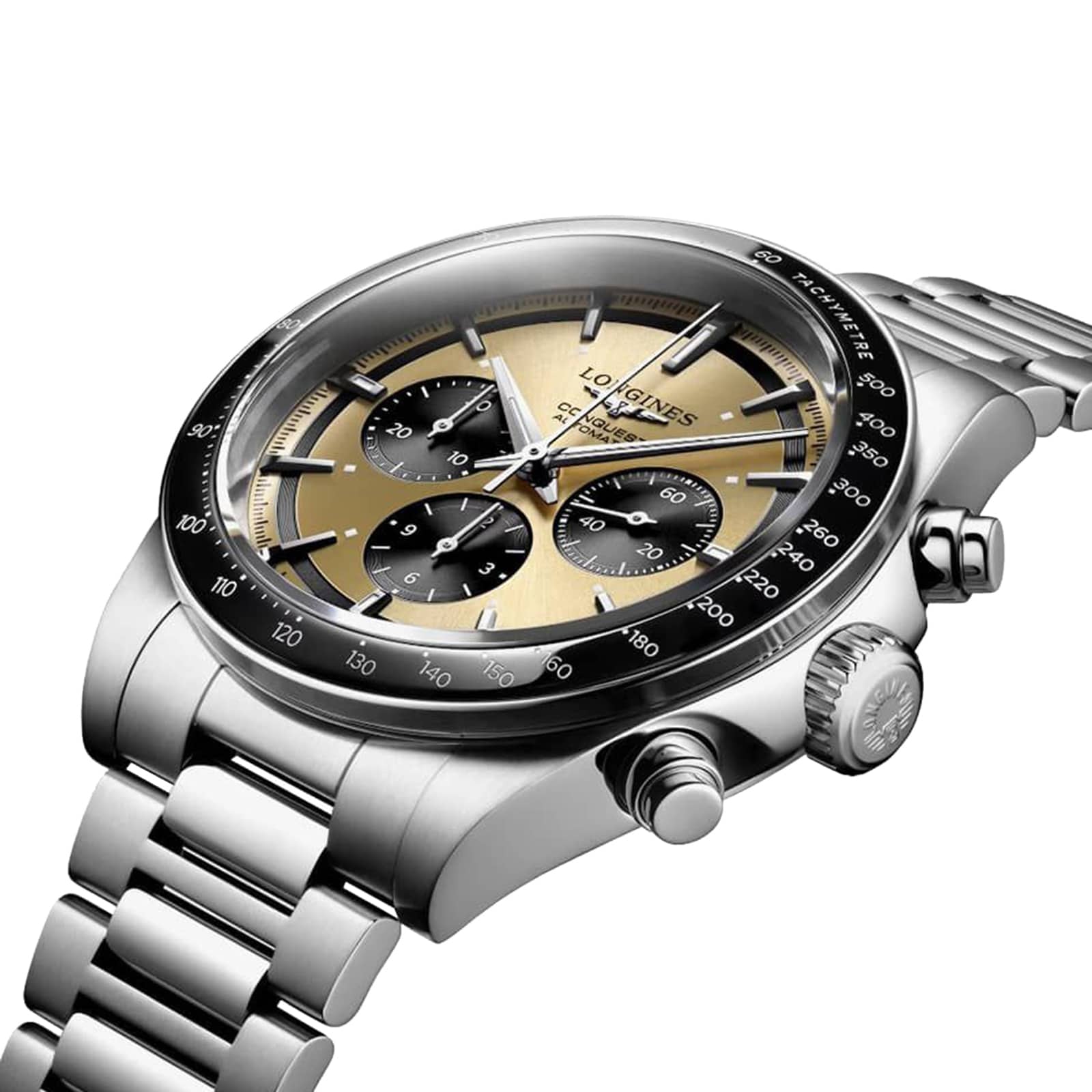 The Longines Conquest Chronograph, a stainless steel wristwatch with a gold dial, black subdials, and a tachymeter bezel displayed at an angle, exudes elegance and performance.