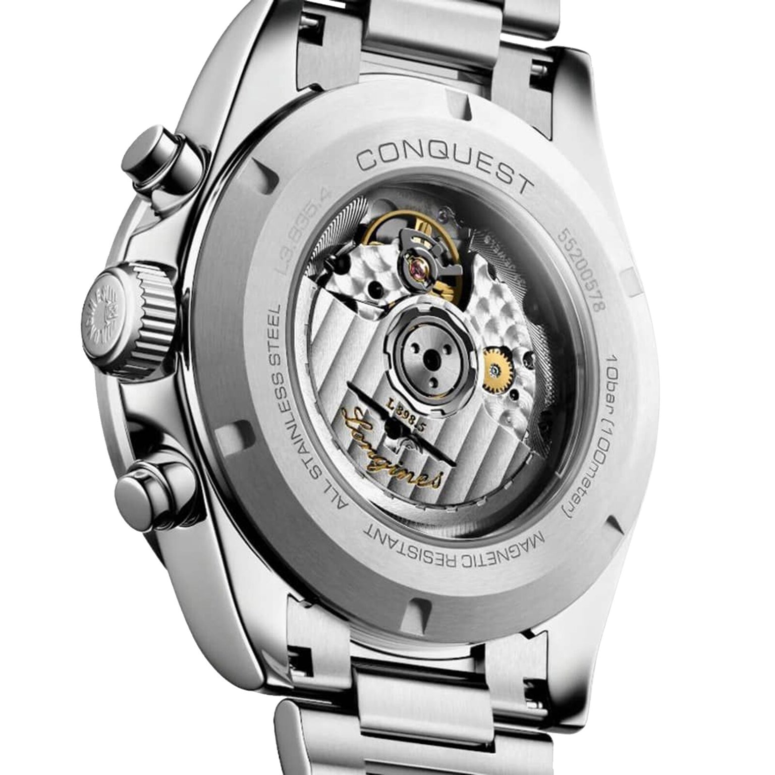Close-up of the stainless steel Longines Conquest Chronographs back, highlighting its mechanical movement through a transparent case back—a perfect blend of performance and elegance.