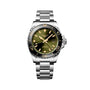 The Longines HydroConquest is a stainless steel diving watch featuring a green and gold dial, ceramic bezel, date display at 3 oclock, and a metal link bracelet.