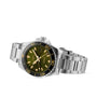 The Longines HydroConquest stainless steel diving watch features a green and yellow face, ceramic bezel, and date display, shown angled on a white background.