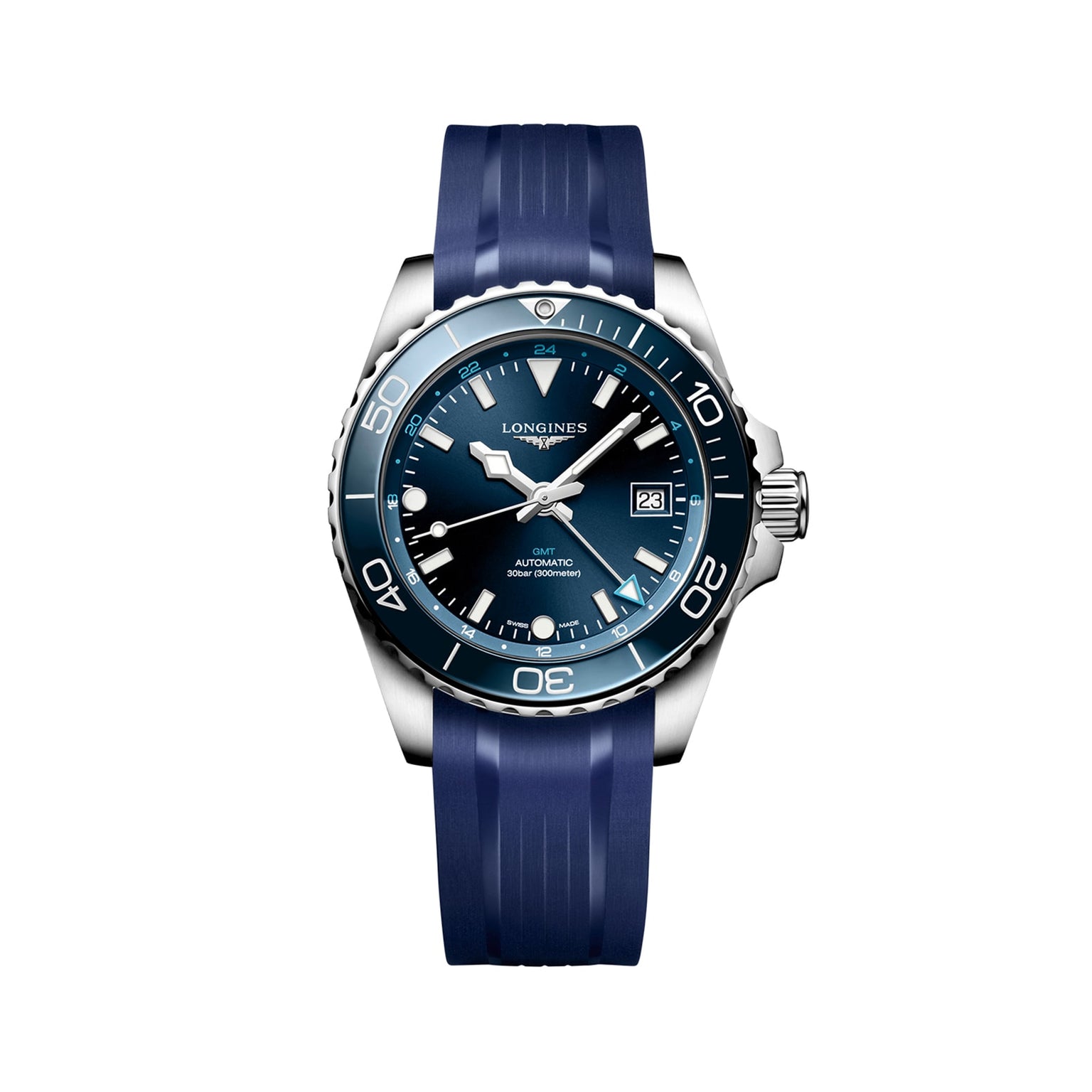 The Longines HydroConquest is a blue and silver diving watch featuring a blue rubber strap, rotating bezel, date display at 3 oclock, and luminescent hands and hour markers on a white dial.