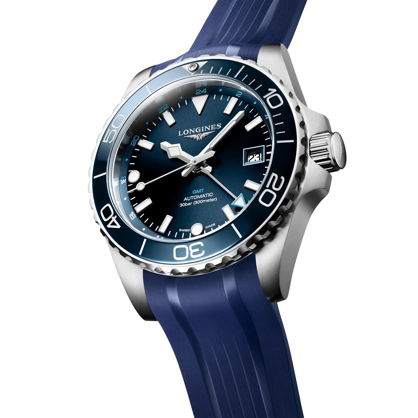 The Longines HydroConquest watch features a blue dial, blue rubber strap, and silver case, plus a date display and rotating bezel.