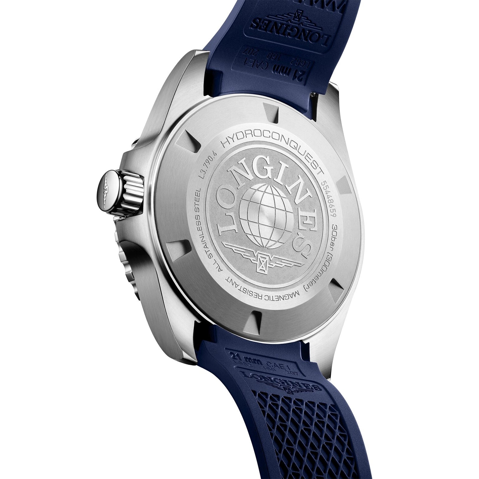 Back view of the Longines HydroConquest, showing a stainless steel case back with globe and logo engravings, complemented by a blue textured rubber strap.
