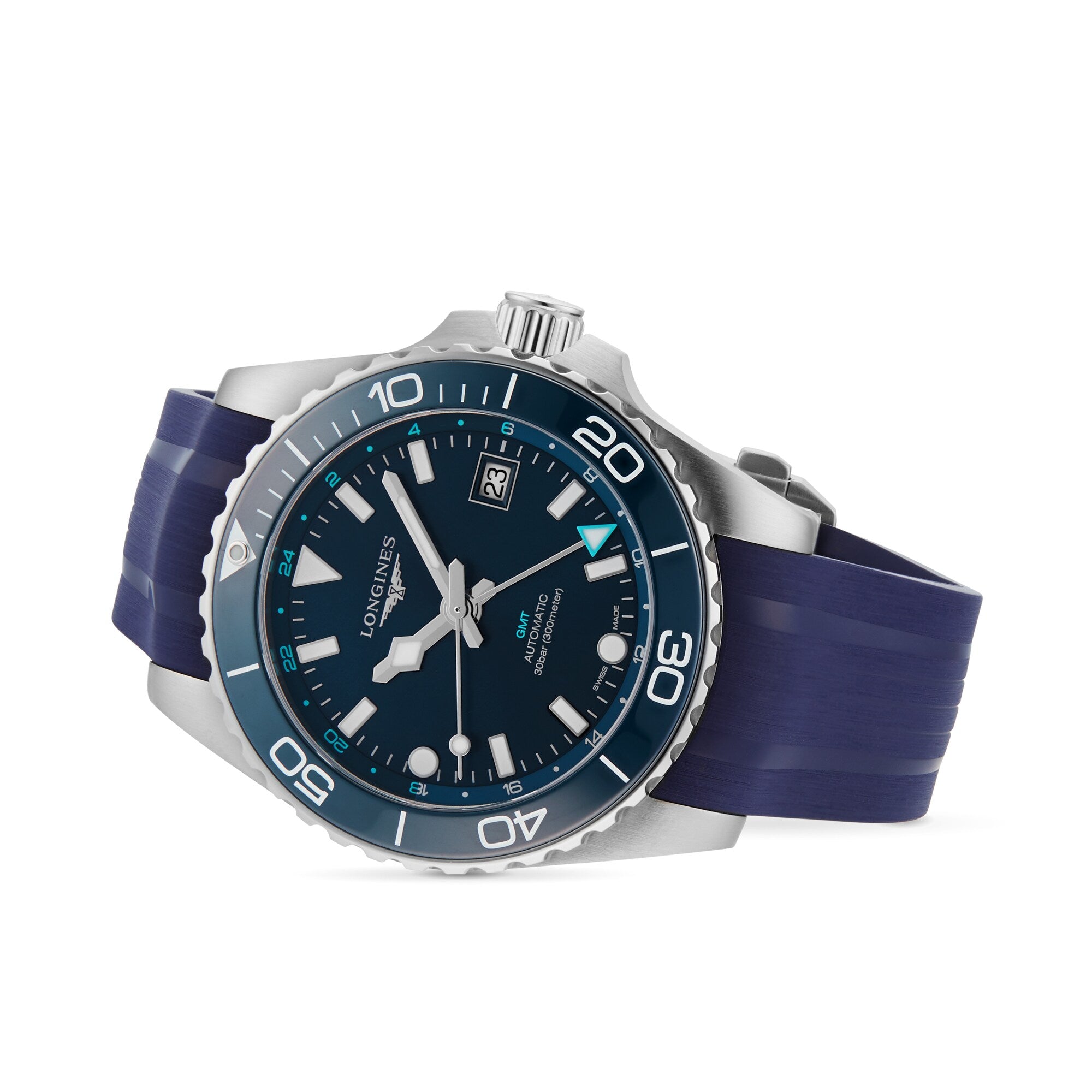 A Longines HydroConquest diving watch with a blue rubber strap, blue and silver details, a unidirectional bezel, and date display, displayed at an angle on a white background.