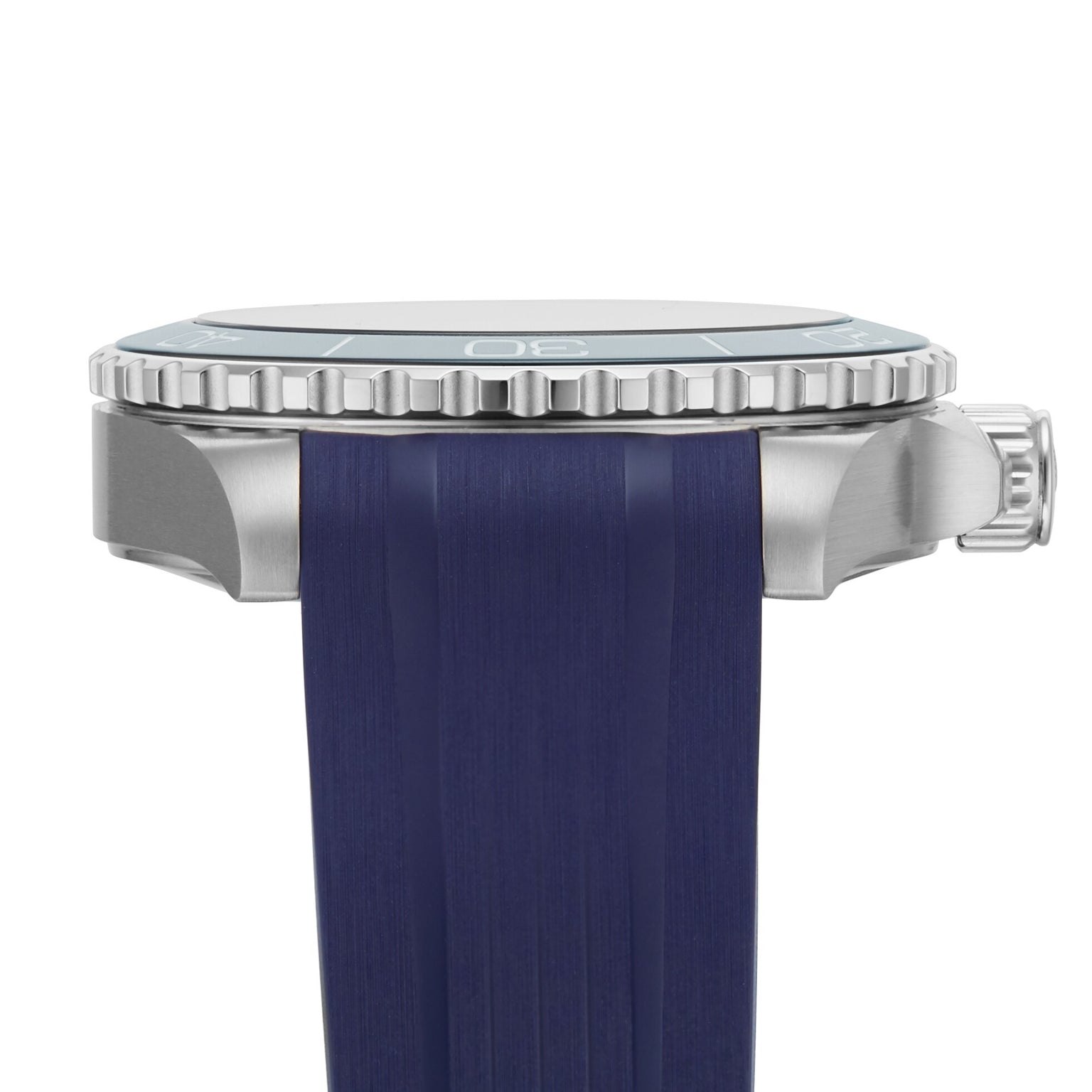 Side view of the Longines HydroConquest watch featuring a blue strap, silver case, and knurled bezel with the crown visible on the right.