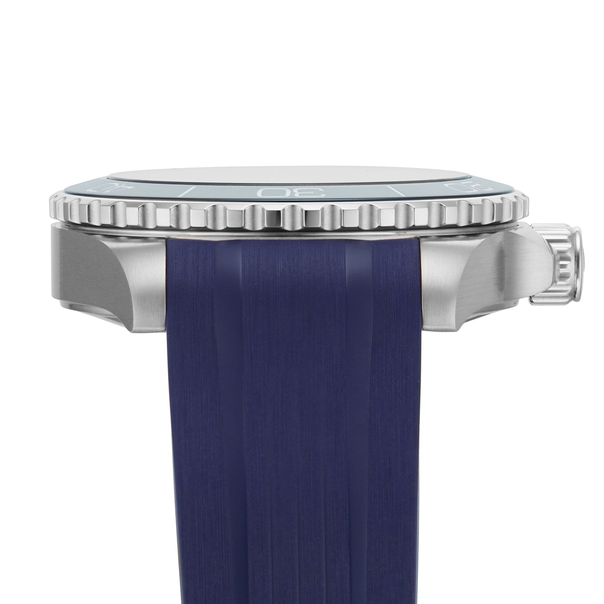 Side view of the Longines HydroConquest watch featuring a blue strap, silver case, and knurled bezel with the crown visible on the right.