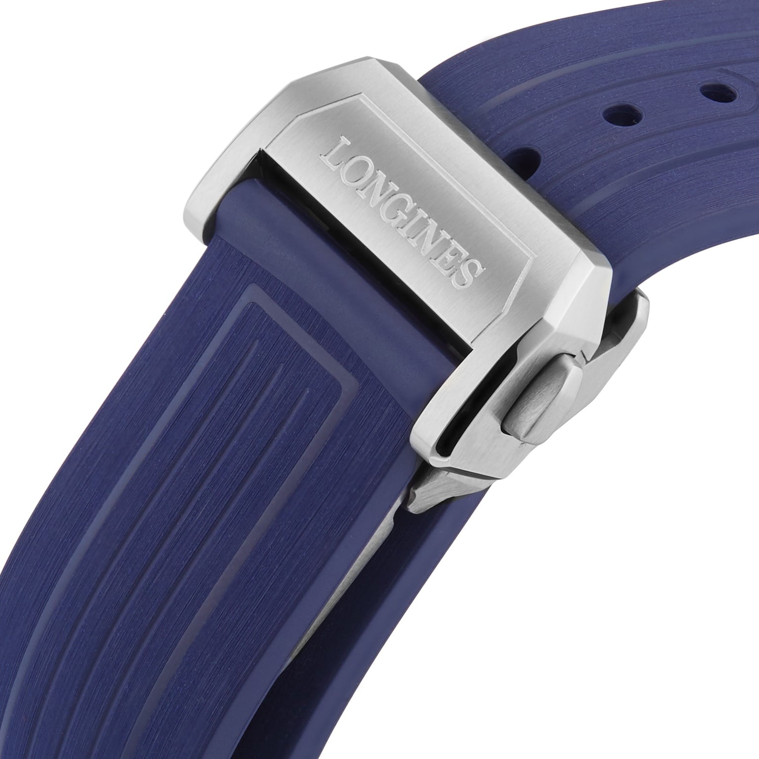 Close-up of the Longines HydroConquest blue diving watch strap with a silver clasp engraved with the Longines logo.