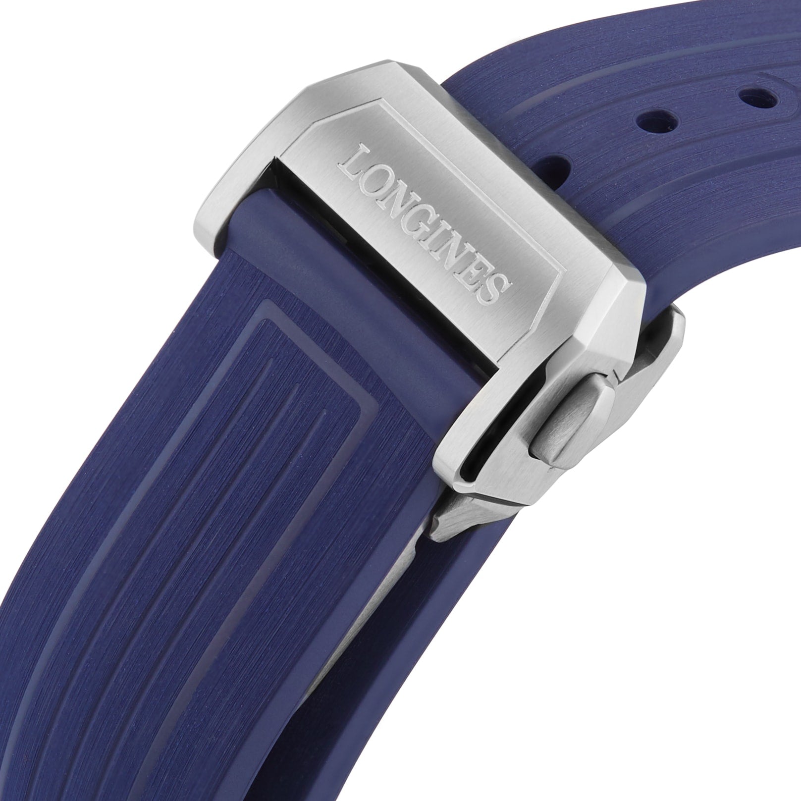 Close-up of the Longines HydroConquest blue diving watch strap with a silver clasp engraved with the Longines logo.