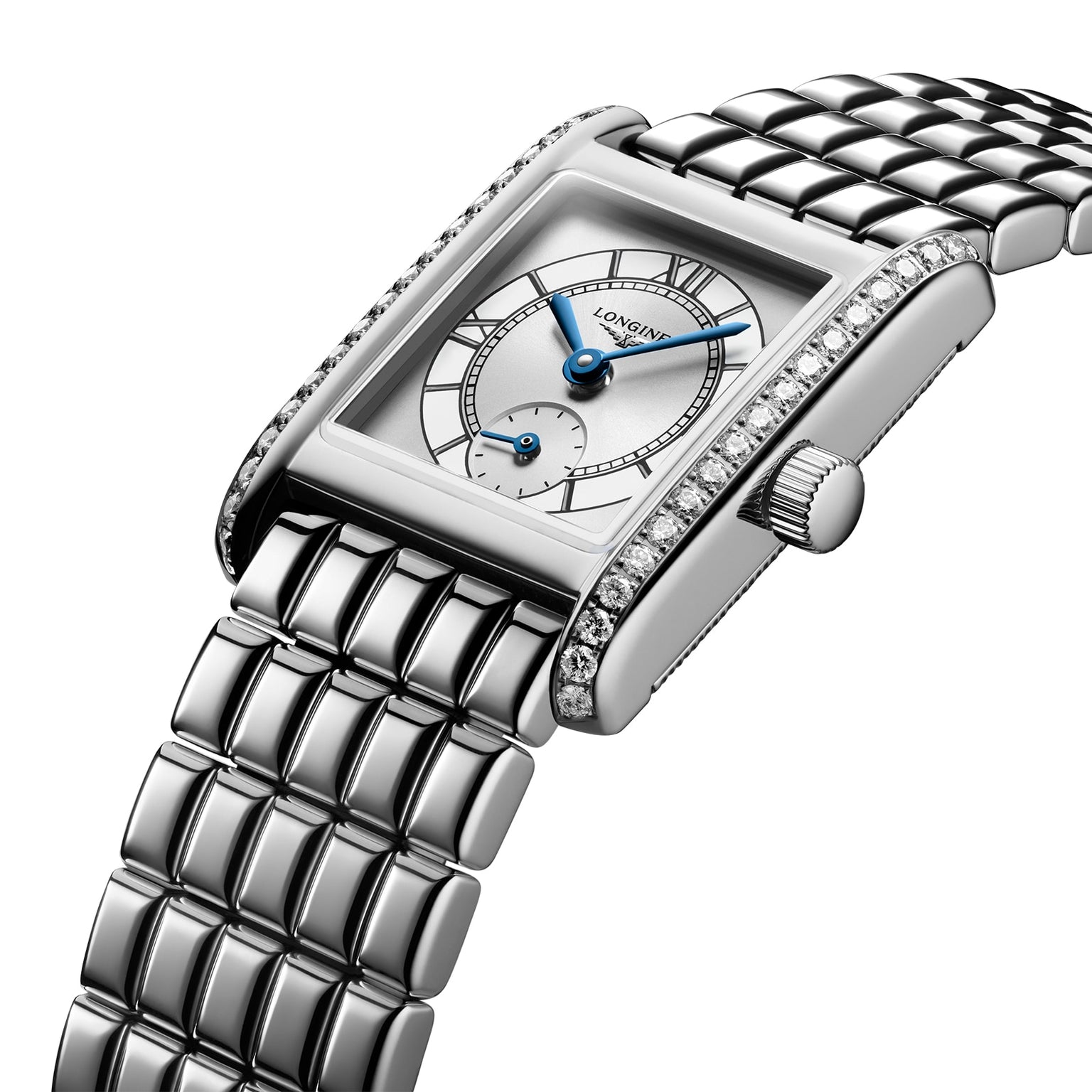 The Longines Mini DolceVita features a silver stainless steel bracelet, blue hands, small seconds subdial, and a bezel adorned with Top Wesselton diamonds.