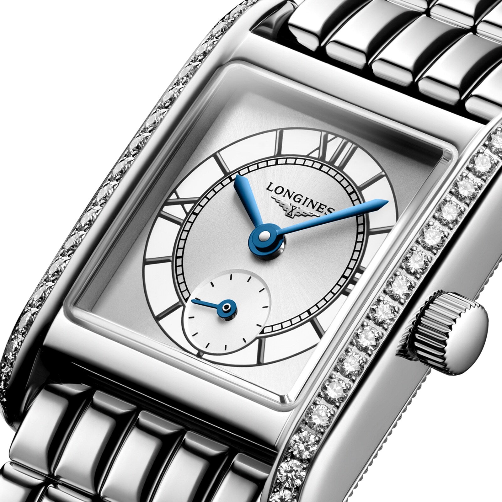 Close-up of the Longines Mini DolceVita watch featuring a rectangular silver dial, blue hands, Roman numerals, Top Wesselton diamond-set bezel, and a stainless steel bracelet.