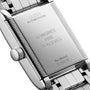 Close-up of the back of the Longines Mini DolceVita, showing its stainless steel bracelet and engraved model details with serial number.