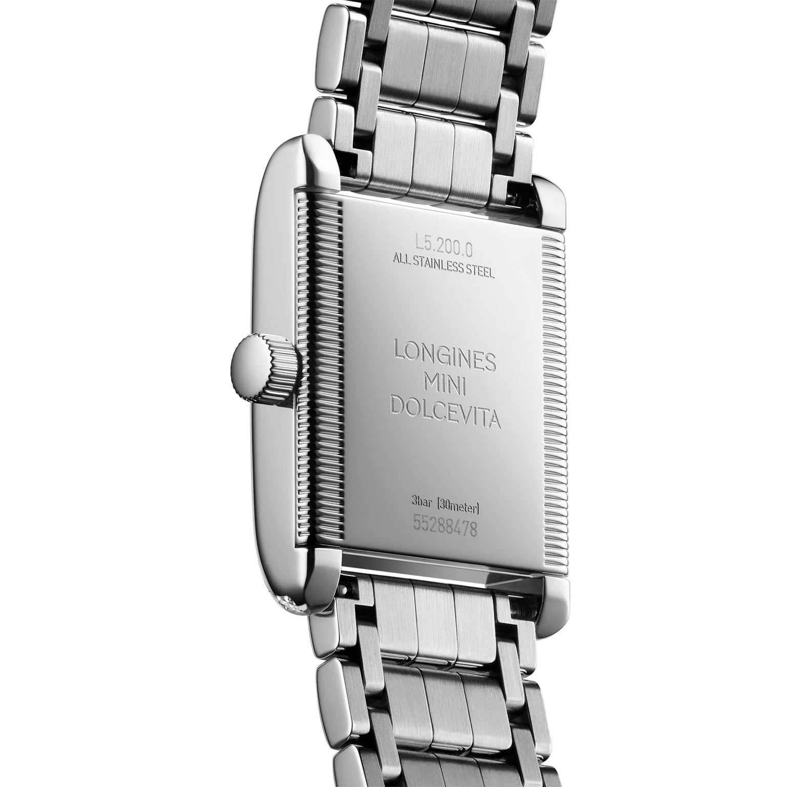 Close-up of the back of a Longines Mini DolceVita, showcasing its stainless steel bracelet, engraved model and serial numbers, and refined elegance highlighted by sparkling Top Wesselton diamonds.