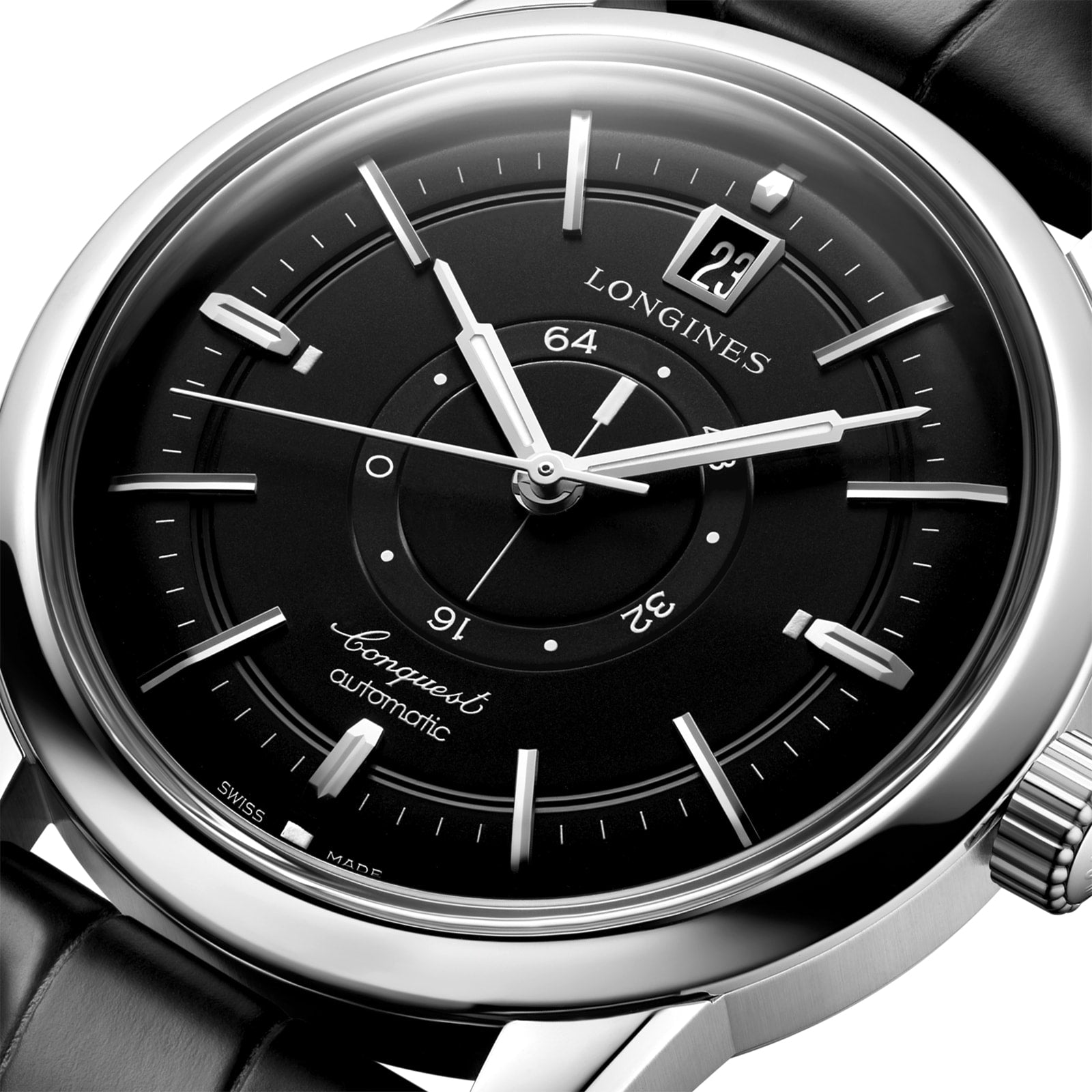 Close-up of the Longines Conquest Heritage Central Power Reserve with a black dial, silver hands and markers, date at 12 o’clock, stainless steel case, and black leather strap.
