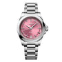 The Longines Conquest wristwatch features a silver metal link band, pink dial, and date display.